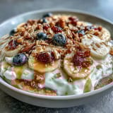 A single-serving Protein Pancake Bowl features a thick oat and banana pancake base piled high with vibrant berries, chopped nuts, and sweet honey.