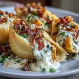 A fork holds a bite of Pumpkin & Gouda Stuffed Shells with brown butter Alfredo sauce over a cozy dinner plate.