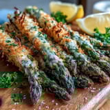 Golden Crispy Asparagus Asiago Spears served hot from the oven, garnished with parsley and extra cheese.