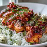 Juicy sun-dried tomato chicken bowl, vibrant, artfully arranged over fluffy rice with fresh greens.