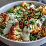 A hearty vegan dinner featuring the Roasted Brassica Bowl, showcasing crisp-tender vegetables drizzled with creamy tahini-lemon dressing.