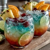 Vibrant rainbow sherbet punch bowl with Sprite, topped with fresh citrus slices and cherries for a festive grad party.
