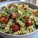 Creamy basil pesto coats tender pasta, tossed with juicy cherry tomatoes and crisp arugula for a perfect picnic dish.