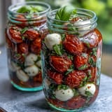 Fresh Mason Jar Caprese Salad with juicy tomatoes, mozzarella, and basil, ready for a picnic or lunch on the go.