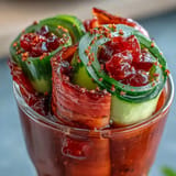 Juicy dill pickle coated in chamoy, presented in a tempting cup.