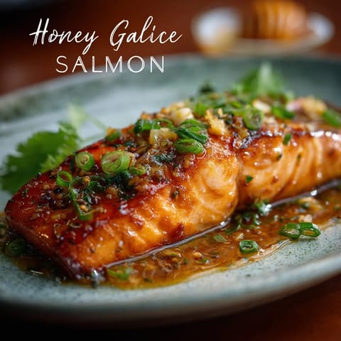 Pan-seared Honey Garlic Salmon with a caramelized golden crust and rich garlic sauce, paired with seasonal vegetables on a white ceramic serving platter.