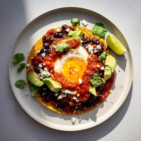 Sizzling Huevos Rancheros with creamy avocado, crumbled queso fresco, and fresh cilantro garnish ready for breakfast.