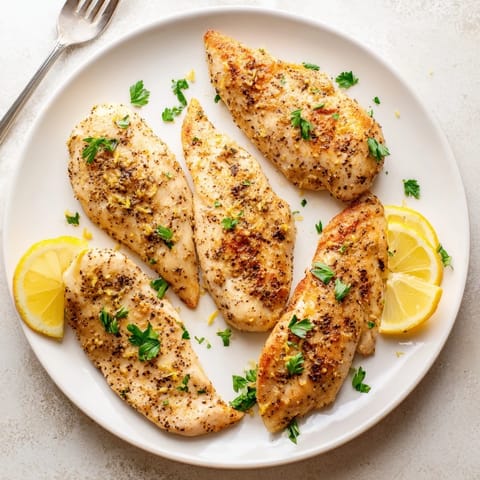 Juicy Lemon Pepper Chicken breast slices fanned out on a wooden cutting board with lemon zest.