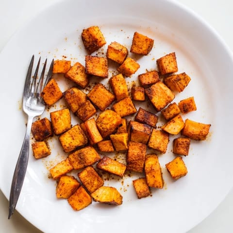 Roasted Sweet Potatoes with golden caramelized edges and warm spices on a baking sheet.
