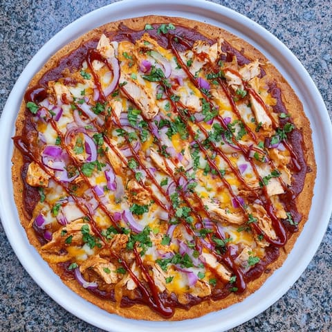 Freshly sliced wedges of Chicken BBQ Pizza showcase layers of tangy barbecue sauce, juicy grilled chicken, red onions, and a blend of mozzarella and smoked gouda cheese.