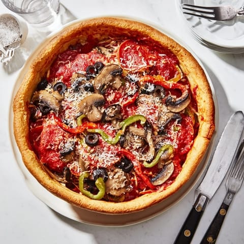 Savory Deep Dish Pizza topped with pepperoni, mushrooms, and bell peppers, served steaming hot from the oven.