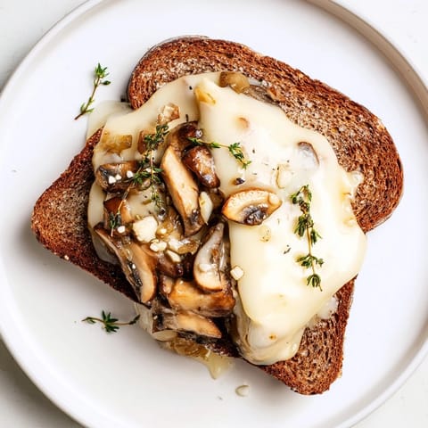 A close-up view of the Mushroom Swiss Grilled Cheese reveals its gooey, cheesy interior and savory mushroom filling on toasted rye slices.