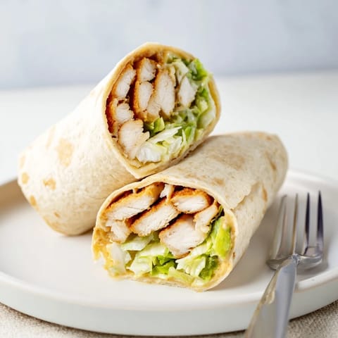 Grilled chicken wrapped in a soft tortilla with crisp lettuce, ripe tomato slices, and a tangy honey-mustard drizzle.  
