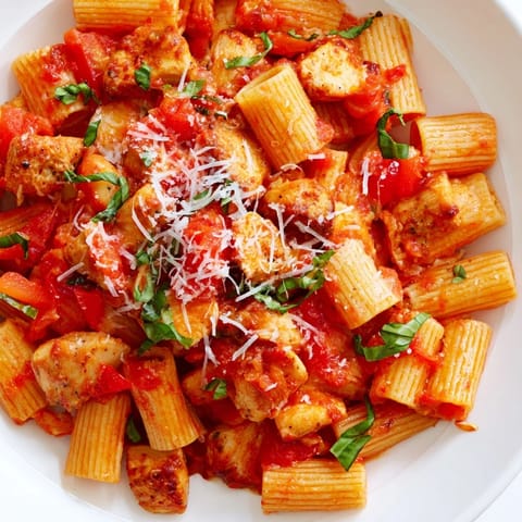 A close-up of al dente penne pasta tossed with tender chicken pieces and a chunky, vibrant red tomato-basil sauce, steaming on a rustic wooden table.  