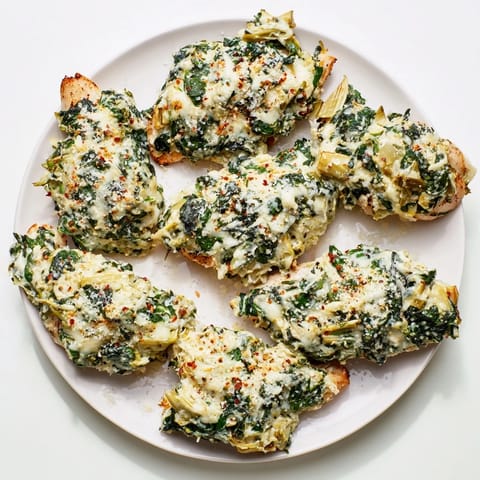 Golden-brown Spinach & Artichoke Chicken Bake fresh from the oven, featuring tender breasts topped with creamy, bubbling spinach, artichoke, and melted cheese.  