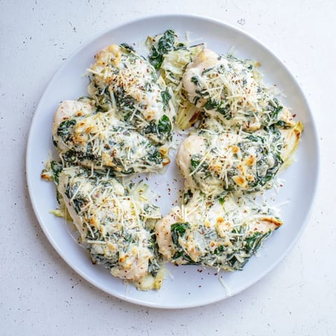 A close-up of Spinach & Artichoke Chicken Bake served beside fluffy rice, showcasing the golden, bubbly Greek yogurt and cheese topping.  