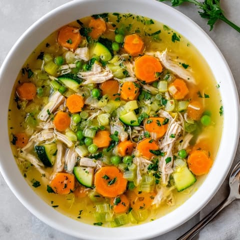 A close-up of Spring Garden Chicken Soup with bright peas, carrots, and tender shredded chicken in a clear herb broth.  