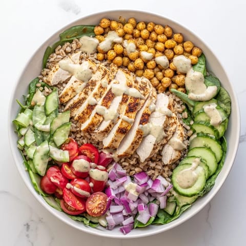 Sliced roasted chicken sits atop a hearty farro and greens base, with chickpeas and veggies in this nourishing power bowl.