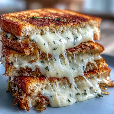 Havarti & Caramelized Leek Grilled Cheese, gooey melted cheese oozing delightfully.