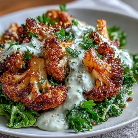 Roasted Cauliflower with Lemon Lentil Cumin Tahini Yogurt garnished with sesame seeds and fresh herbs.