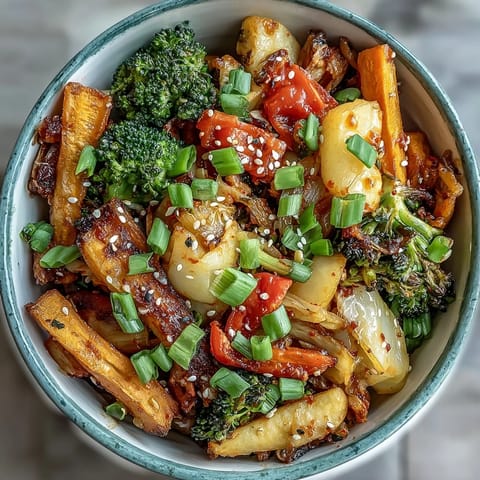 A close-up of Comforting Fermented Veggie Winter Stir-Fry highlights red cabbage, bell pepper, and kimchi’s tangy, probiotic crunch.  