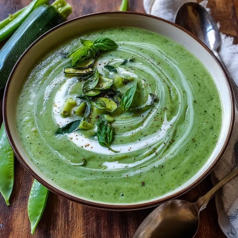 A bowl of vibrant courgette, pea and pesto soup garnished with fresh basil and a swirl of crème fraîche.  