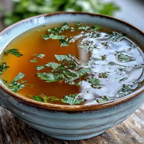 Steam rises from a pot of golden Vegetable Broth From Scraps simmering with bay leaf and peppercorns.