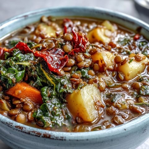 Hearty Vegetarian Lentil Stew with tender lentils and vibrant carrots in a rustic bowl.