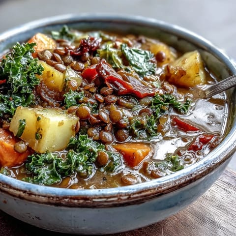 A bowl of Vegetarian Lentil Stew garnished with fresh parsley and lemon wedges.