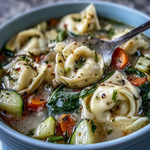 Creamy Vegetable Tortellini Soup in a rustic bowl, steam rising, topped with fresh basil and grated Parmesan.
