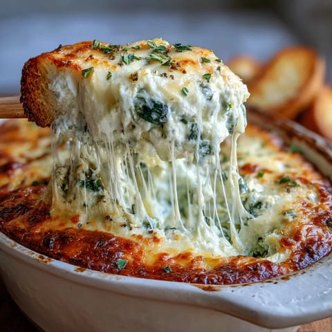 Creamy Spinach Artichoke Dip is garnished with fresh parsley, accompanied by sliced baguette and crisp vegetable sticks on a wooden board.