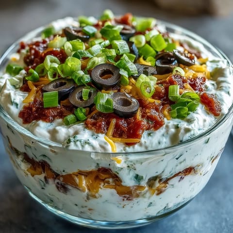 A chilled 4-Way Layered Dip topped with olives and green onions for a party.