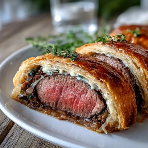 Thick slices of juicy Beef Wellington rest on a wooden board, revealing rich mushroom duxelles and prosciutto layers.