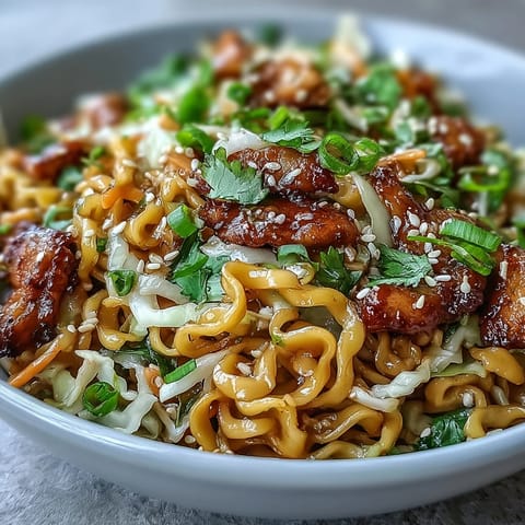 Savory soy-ginger sauce coats tangled rice noodles, topped with bright shredded carrots, bean sprouts, and fresh cilantro in a white bowl. 