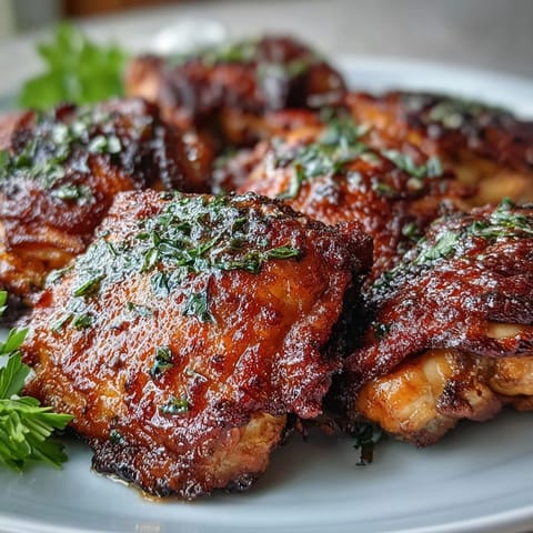 Juicy Crispy Baked Bone-In Chicken Thighs rest beside fresh parsley garnish, perfect for an easy American weeknight dinner.