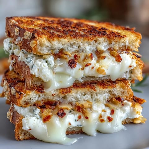 Two halves of a Goat Cheese Grilled Cheese with Honey & Chili Flakes reveal melted cheese and thinly sliced pears on a rustic wooden board.