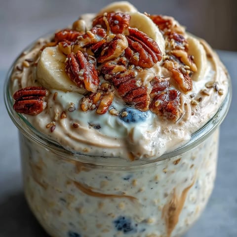 Glass jar showing thick High-Protein Peanut Butter Overnight Oats topped with fresh blueberries and a honey drizzle.