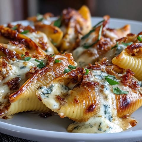 Golden, bubbly Pumpkin & Gouda Stuffed Shells in creamy brown butter sage Alfredo sauce, garnished with fresh sage leaves.