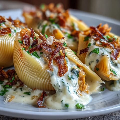 A fork holds a bite of Pumpkin & Gouda Stuffed Shells with brown butter Alfredo sauce over a cozy dinner plate.