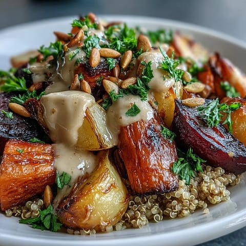 Golden roasted root vegetables, including beets and carrots, piled atop fluffy quinoa in the Roasted Root Vegetable Bowl.