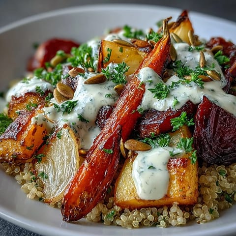 A generous tahini drizzle coats the warm Roasted Root Vegetable Bowl garnished with fresh parsley and pumpkin seeds.