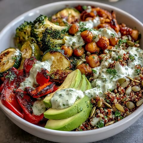 Hearty Vegetable and Legume Bowl with roasted veggies, creamy avocado, and toasted pumpkin seeds.