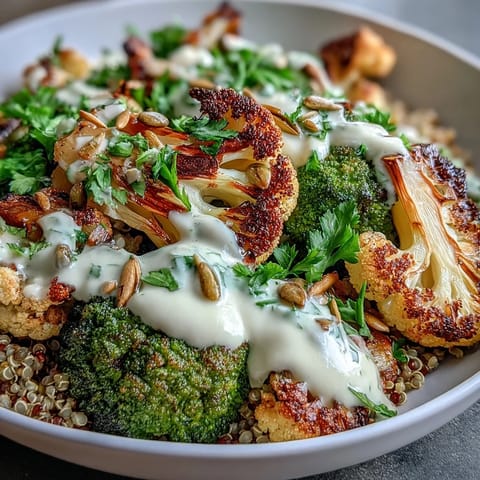 Golden roasted broccoli, cauliflower, and Brussels sprouts, the Roasted Brassica Bowl, served warm over fluffy quinoa with pumpkin seeds.
