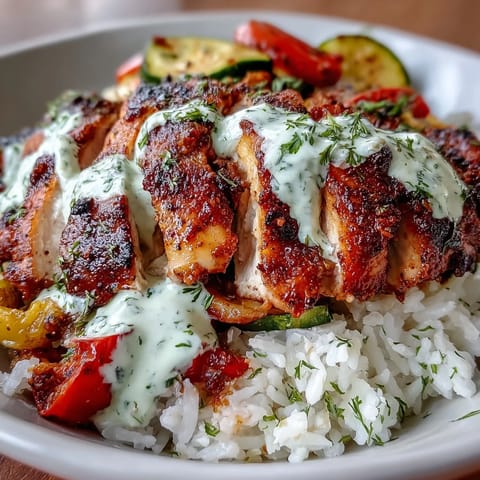 Sliced blackened chicken breast rests on fluffy rice with sautéed vegetables in a bowl, drizzled with creamy lime crema and garnished with fresh cilantro.