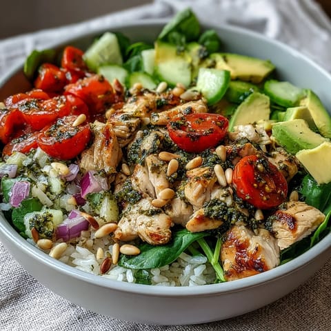 Fork-tender Pesto Chicken Bowl features juicy chicken pieces coated in basil pesto, served over fluffy rice alongside sliced avocado and cherry tomatoes.