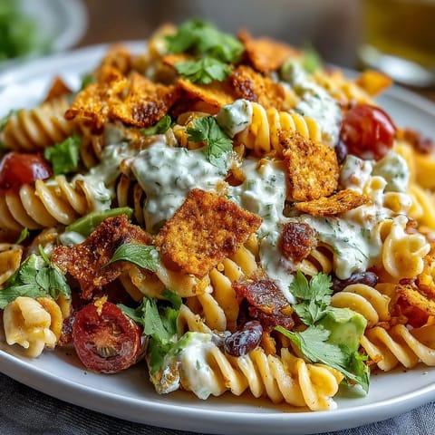 Creamy avocado ranch pasta salad with taco flavors and crunchy Doritos in a colorful bowl.