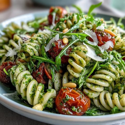 Fresh summer pasta salad with pesto and cherry tomatoes, bursting with bright colors and garden-fresh flavors.
