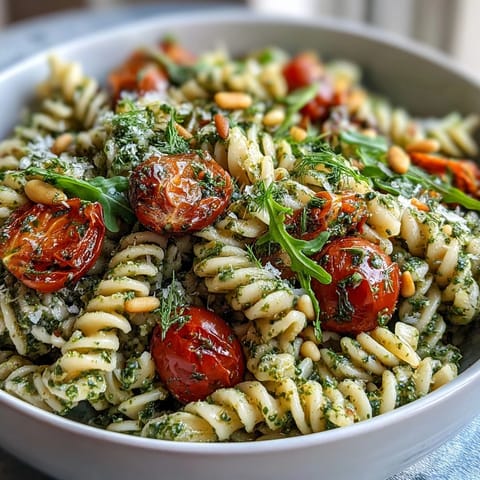Creamy basil pesto coats tender pasta, tossed with juicy cherry tomatoes and crisp arugula for a perfect picnic dish.