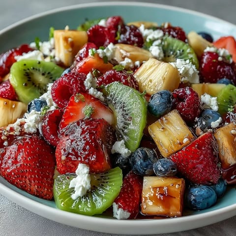 Vibrant rainbow fruit platter with fresh strawberries, pineapple, kiwi, and berries served with fluffy coconut whipped cream.
