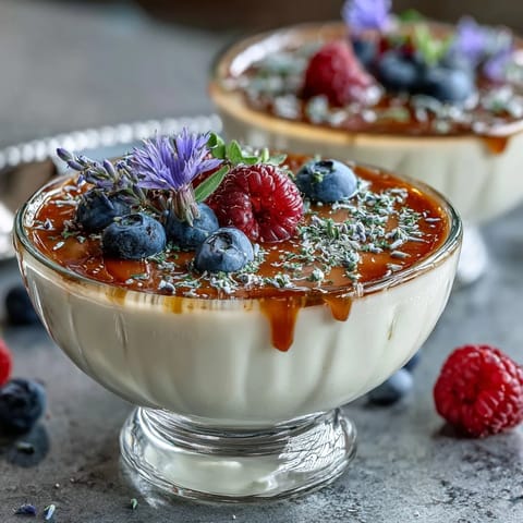 A creamy Honey Lavender Panna Cotta dessert, infused with floral lavender and sweetened with golden honey, topped with edible blossoms.